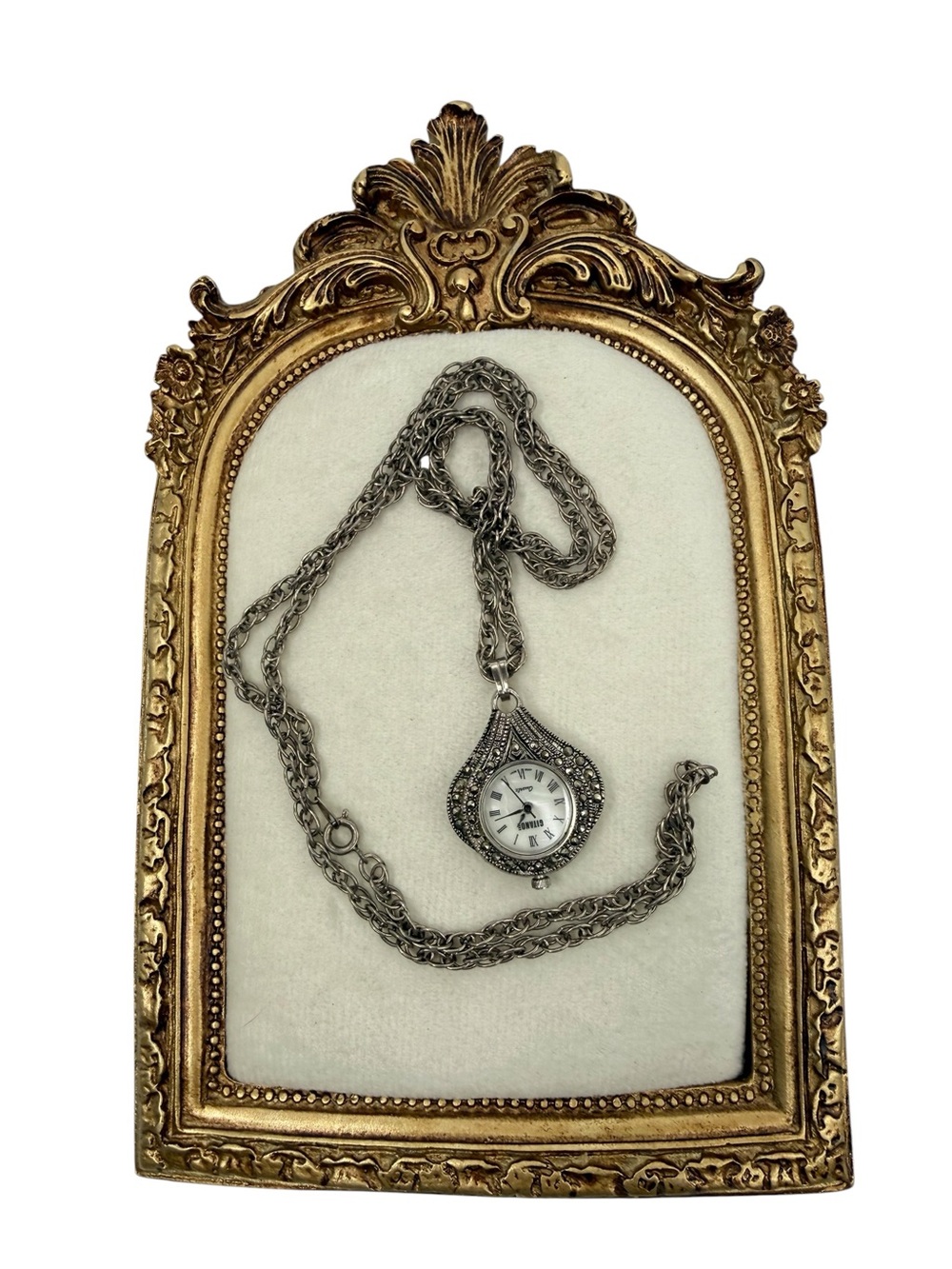 This vintage Gitano silver-tone marcasite pendant necklace watch quartz Japan